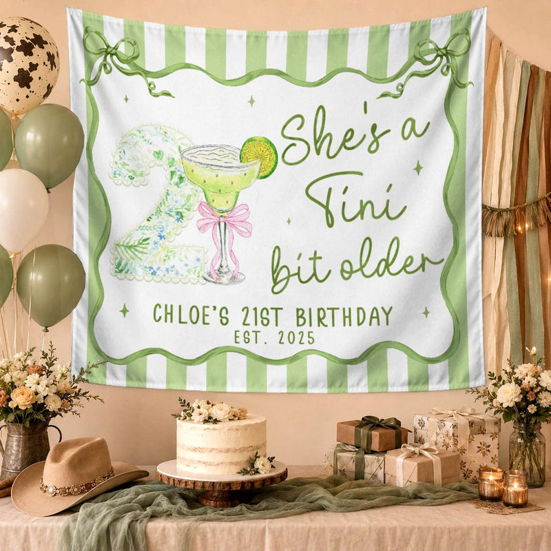 Custom She's a Tini Bit Older Birthday Banner with Martini Design, Personalized 21st Party Backdrop Sage Green Floral Theme Décor