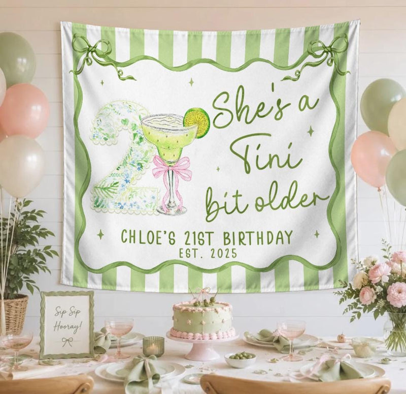 Custom She's a Tini Bit Older Birthday Banner with Martini Design, Personalized 21st Party Backdrop Sage Green Floral Theme Décor