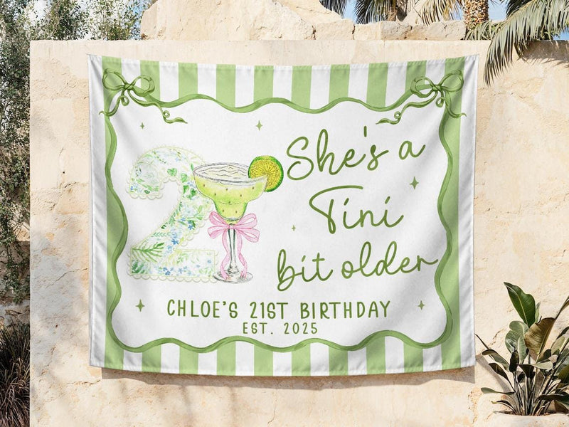 Custom She's a Tini Bit Older Birthday Banner with Martini Design, Personalized 21st Party Backdrop Sage Green Floral Theme Décor