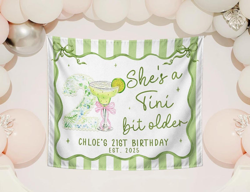 Custom She's a Tini Bit Older Birthday Banner with Martini Design, Personalized 21st Party Backdrop Sage Green Floral Theme Décor