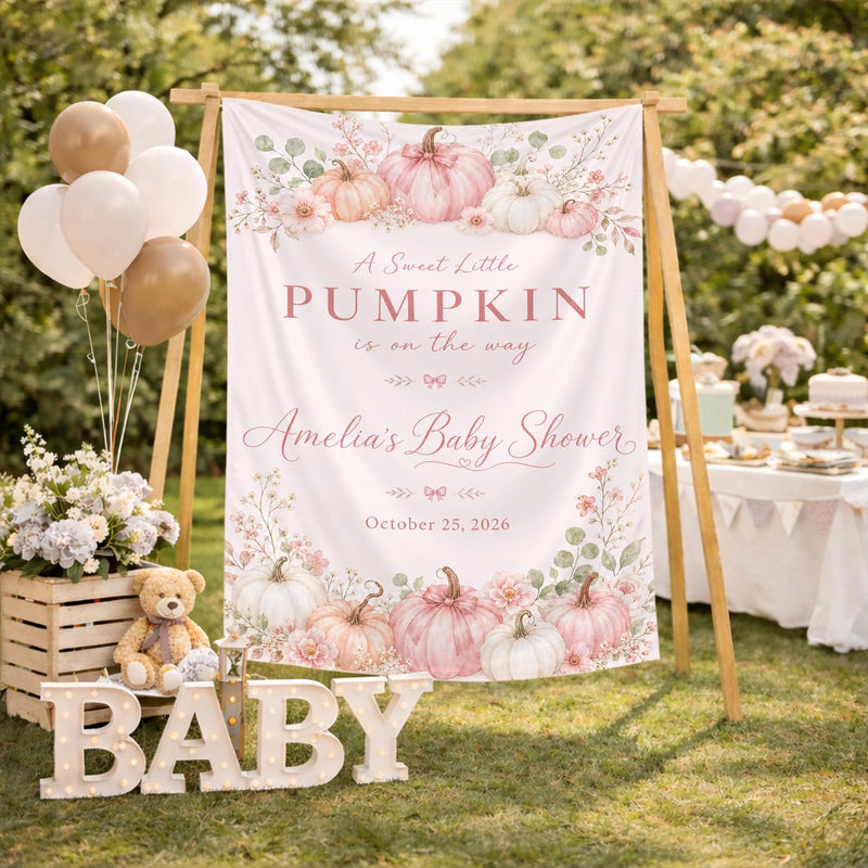 Custom Silk Baby Shower Banner with Pink Pumpkin Floral Design, Personalized Name & Date, Sweet Little Baby Girl Party Decoration