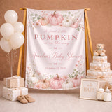Custom Silk Baby Shower Banner with Pink Pumpkin Floral Design, Personalized Name & Date, Sweet Little Baby Girl Party Decoration