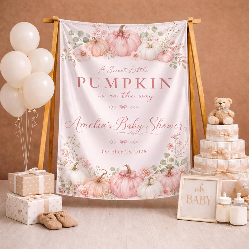 Custom Silk Baby Shower Banner with Pink Pumpkin Floral Design, Personalized Name & Date, Sweet Little Baby Girl Party Decoration