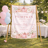 Custom Silk Baby Shower Banner with Pink Pumpkin Floral Design, Personalized Name & Date, Sweet Little Baby Girl Party Decoration
