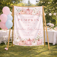 Custom Silk Baby Shower Banner with Pink Pumpkin Floral Design, Personalized Name & Date, Sweet Little Baby Girl Party Decoration