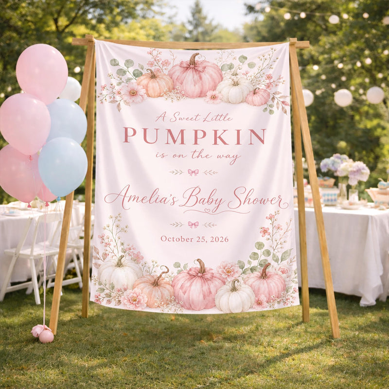 Custom Silk Baby Shower Banner with Pink Pumpkin Floral Design, Personalized Name & Date, Sweet Little Baby Girl Party Decoration