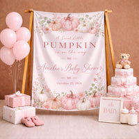 Custom Silk Baby Shower Banner with Pink Pumpkin Floral Design, Personalized Name & Date, Sweet Little Baby Girl Party Decoration