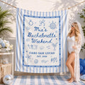 Custom Silk Bachelorette Party Banner with Blue Stripes, Tropical Icons, Mia's Cabo San Lucas Weekend Design, Destination Event Decor