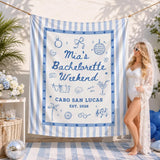 Custom Silk Bachelorette Party Banner with Blue Stripes, Tropical Icons, Mia's Cabo San Lucas Weekend Design, Destination Event Decor