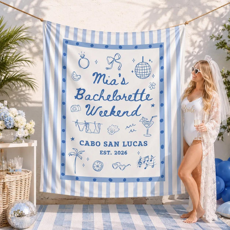 Custom Silk Bachelorette Party Banner with Blue Stripes, Tropical Icons, Mia's Cabo San Lucas Weekend Design, Destination Event Decor