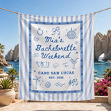 Custom Silk Bachelorette Party Banner with Blue Stripes, Tropical Icons, Mia's Cabo San Lucas Weekend Design, Destination Event Decor