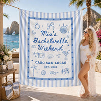 Custom Silk Bachelorette Party Banner with Blue Stripes, Tropical Icons, Mia's Cabo San Lucas Weekend Design, Destination Event Decor