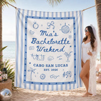 Custom Silk Bachelorette Party Banner with Blue Stripes, Tropical Icons, Mia's Cabo San Lucas Weekend Design, Destination Event Decor