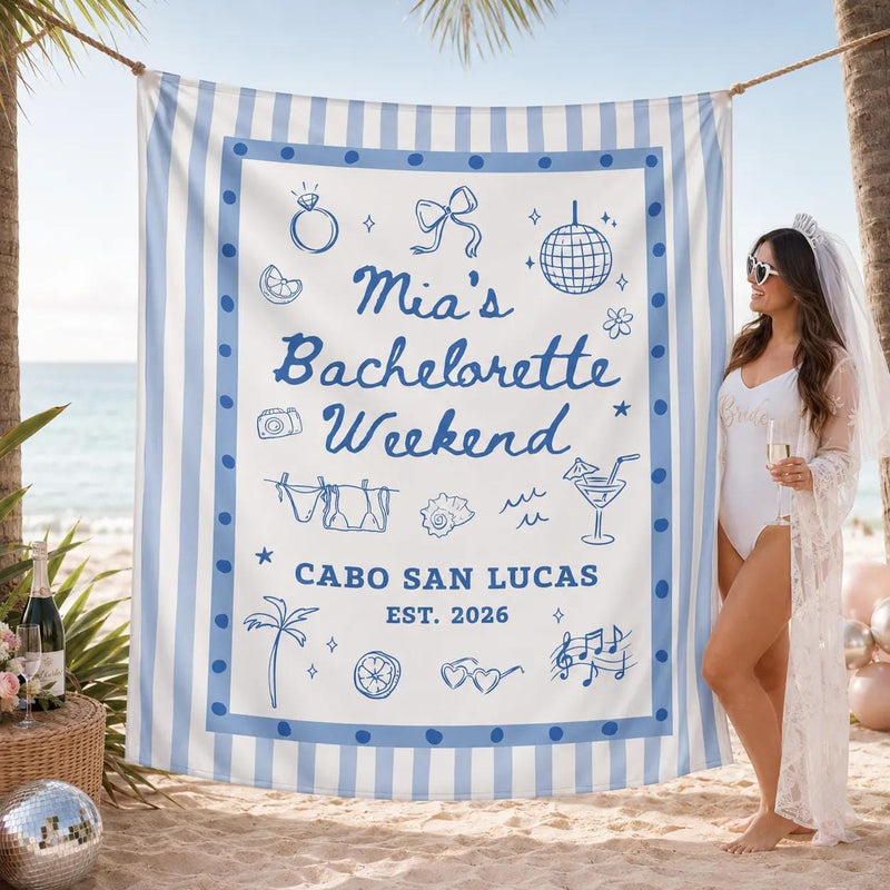 Custom Silk Bachelorette Party Banner with Blue Stripes, Tropical Icons, Mia's Cabo San Lucas Weekend Design, Destination Event Decor