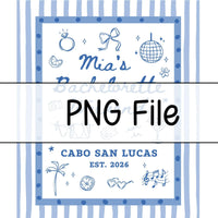 Custom Silk Bachelorette Party Banner with Blue Stripes, Tropical Icons, Mia's Cabo San Lucas Weekend Design, Destination Event Decor
