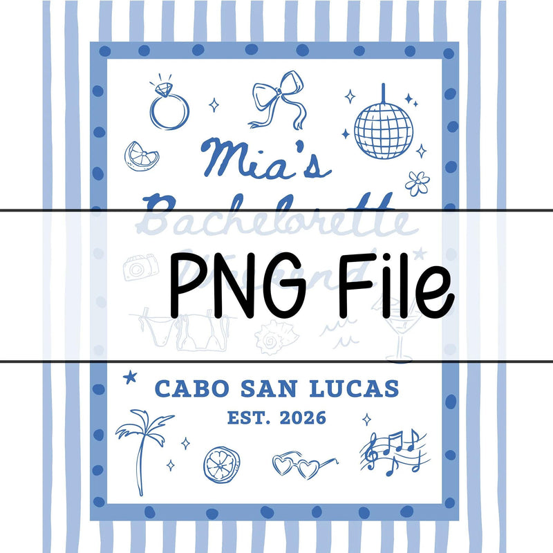Custom Silk Bachelorette Party Banner with Blue Stripes, Tropical Icons, Mia's Cabo San Lucas Weekend Design, Destination Event Decor