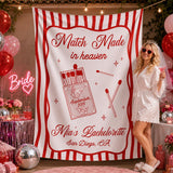 Custom Silk Bachelorette Party Banner with 'Match Made in Heaven' Artwork, Personalized Bride Name, Date & Location, Elegant Backdrop Décor