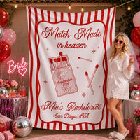 Custom Silk Bachelorette Party Banner with 'Match Made in Heaven' Artwork, Personalized Bride Name, Date & Location, Elegant Backdrop Décor