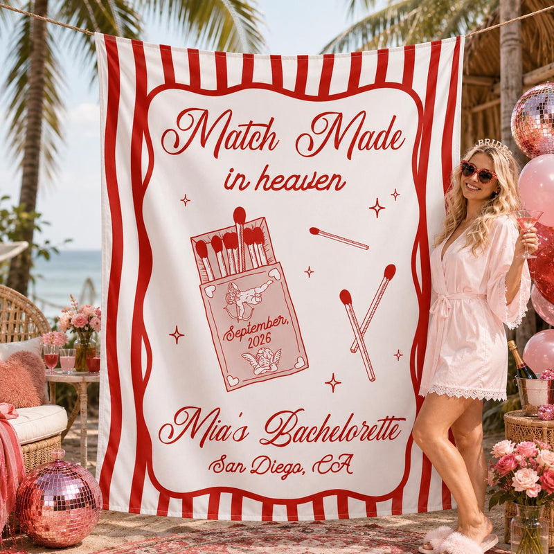 Custom Silk Bachelorette Party Banner with 'Match Made in Heaven' Artwork, Personalized Bride Name, Date & Location, Elegant Backdrop Décor