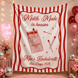 Custom Silk Bachelorette Party Banner with 'Match Made in Heaven' Artwork, Personalized Bride Name, Date & Location, Elegant Backdrop Décor