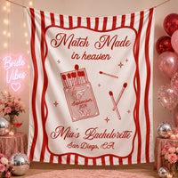 Custom Silk Bachelorette Party Banner with 'Match Made in Heaven' Artwork, Personalized Bride Name, Date & Location, Elegant Backdrop Décor
