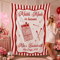 Custom Silk Bachelorette Party Banner with 'Match Made in Heaven' Artwork, Personalized Bride Name, Date & Location, Elegant Backdrop Décor