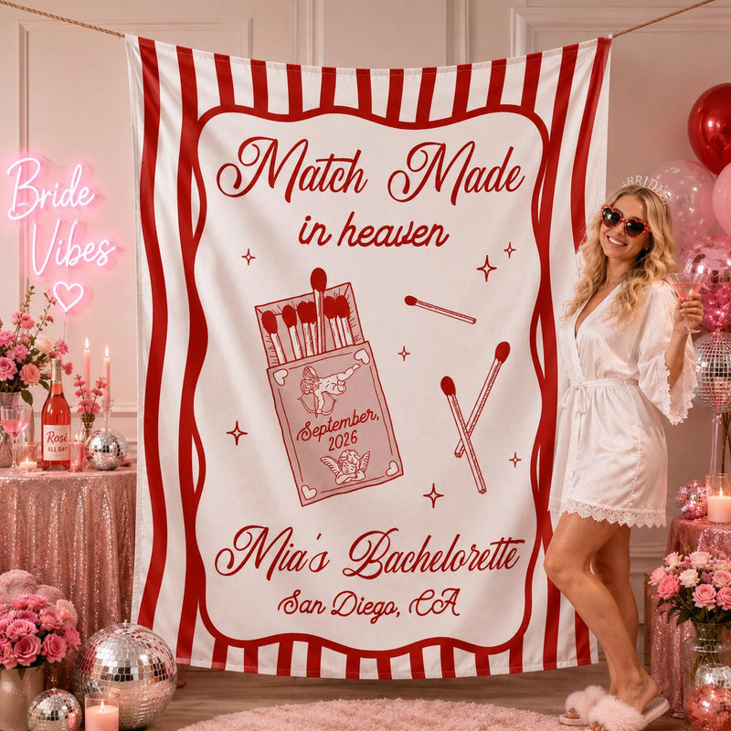 Custom Silk Bachelorette Party Banner with 'Match Made in Heaven' Artwork, Personalized Bride Name, Date & Location, Elegant Backdrop Décor