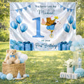 Custom Silk Banner with Bear Riding Unicycle for Boy's 1st Birthday Party, Personalized Backdrop with Name and Blue Balloons