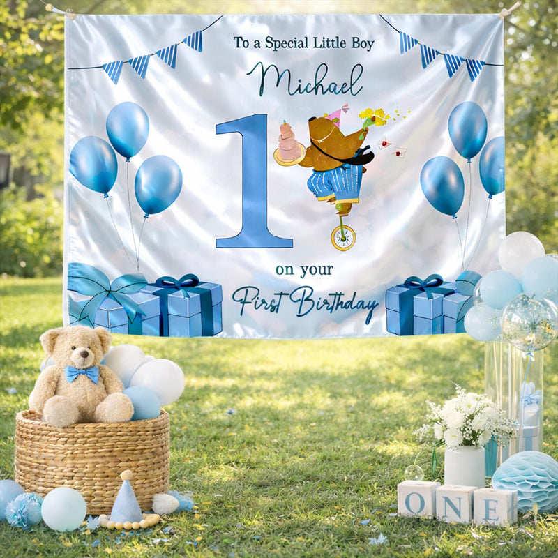 Custom Silk Banner with Bear Riding Unicycle for Boy's 1st Birthday Party, Personalized Backdrop with Name and Blue Balloons