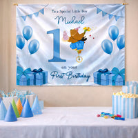Custom Silk Banner with Bear Riding Unicycle for Boy's 1st Birthday Party, Personalized Backdrop with Name and Blue Balloons