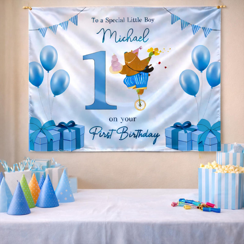 Custom Silk Banner with Bear Riding Unicycle for Boy's 1st Birthday Party, Personalized Backdrop with Name and Blue Balloons