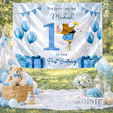 Custom Silk Banner with Bear Riding Unicycle for Boy's 1st Birthday Party, Personalized Backdrop with Name and Blue Balloons