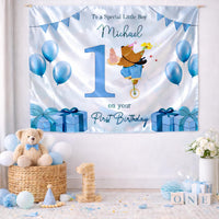 Custom Silk Banner with Bear Riding Unicycle for Boy's 1st Birthday Party, Personalized Backdrop with Name and Blue Balloons