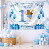Custom Silk Banner with Bear Riding Unicycle for Boy's 1st Birthday Party, Personalized Backdrop with Name and Blue Balloons