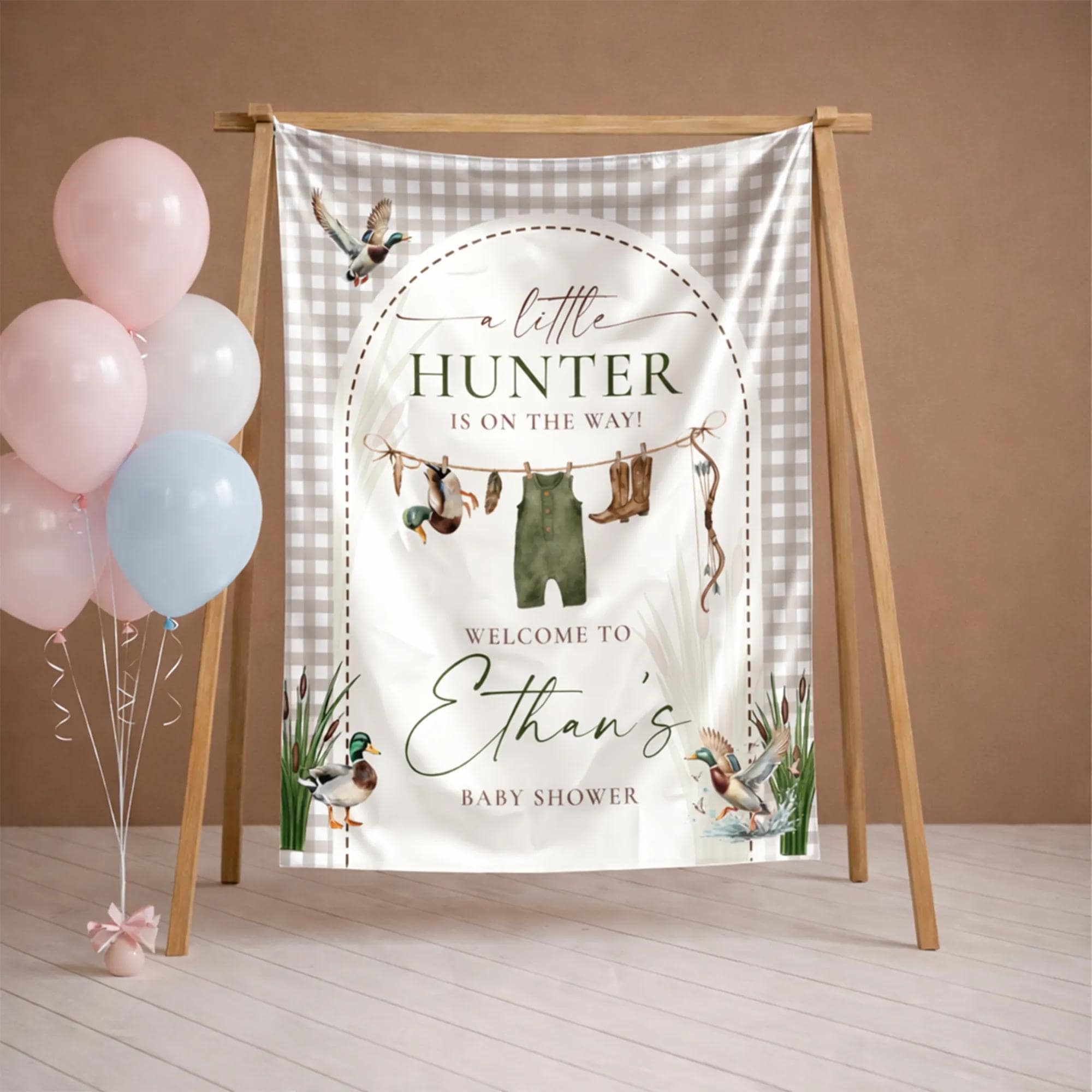 Custom Silk Hunting Baby Shower Welcome Sign Rustic Little Hunter Banner Personalized Party Backdrop Decor for Boys or Girls