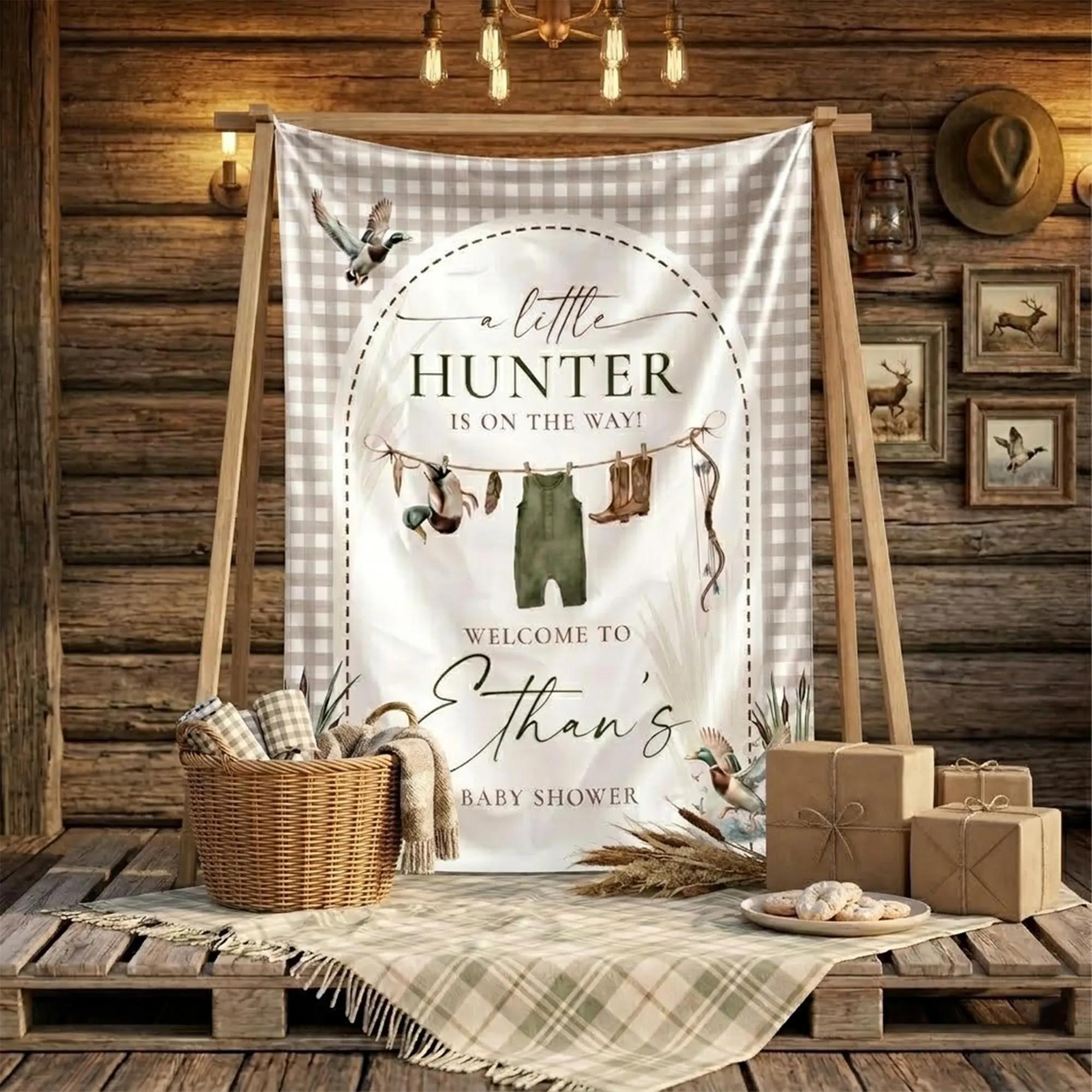 Custom Silk Hunting Baby Shower Welcome Sign Rustic Little Hunter Banner Personalized Party Backdrop Decor for Boys or Girls