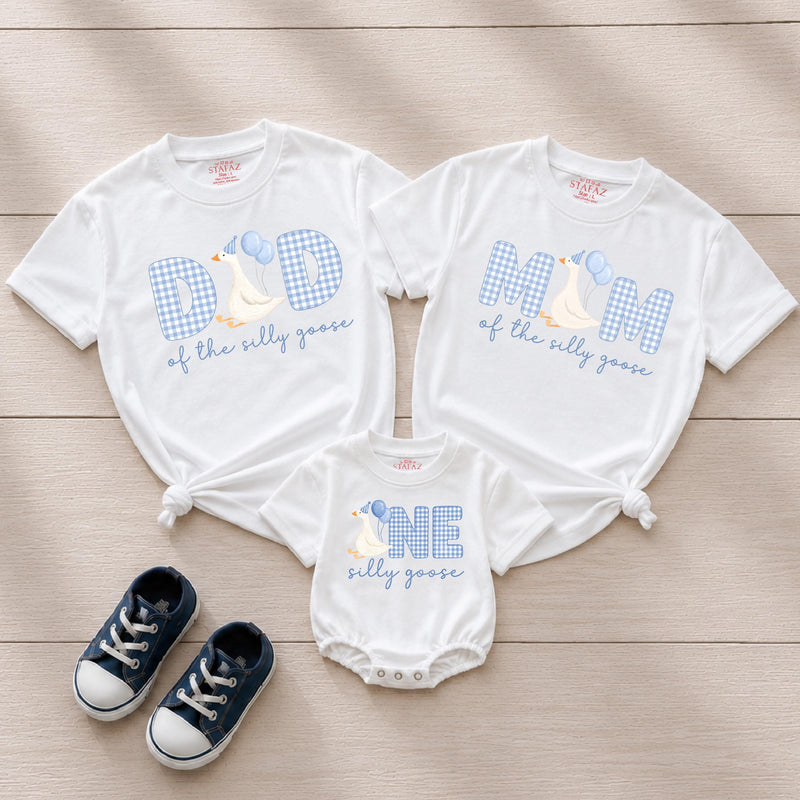 Custom Silly Goose First Birthday Matching Outfit Set - Baby Romper, Kids' T-Shirt, Mom & Dad Tees - Soft Cotton Family Birthday Clothes