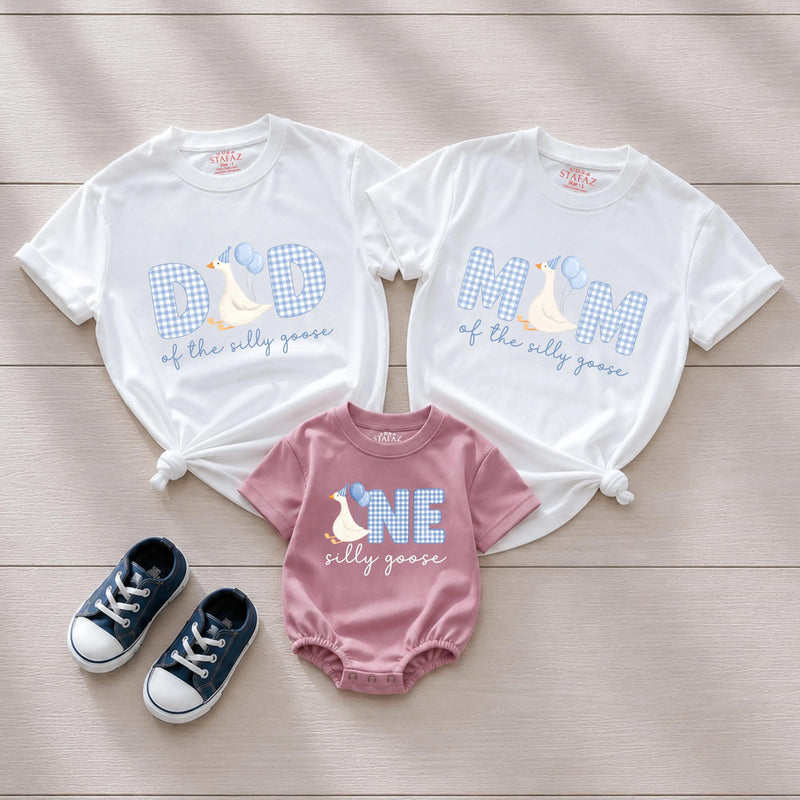 Custom Silly Goose First Birthday Matching Outfit Set - Baby Romper, Kids' T-Shirt, Mom & Dad Tees - Soft Cotton Family Birthday Clothes