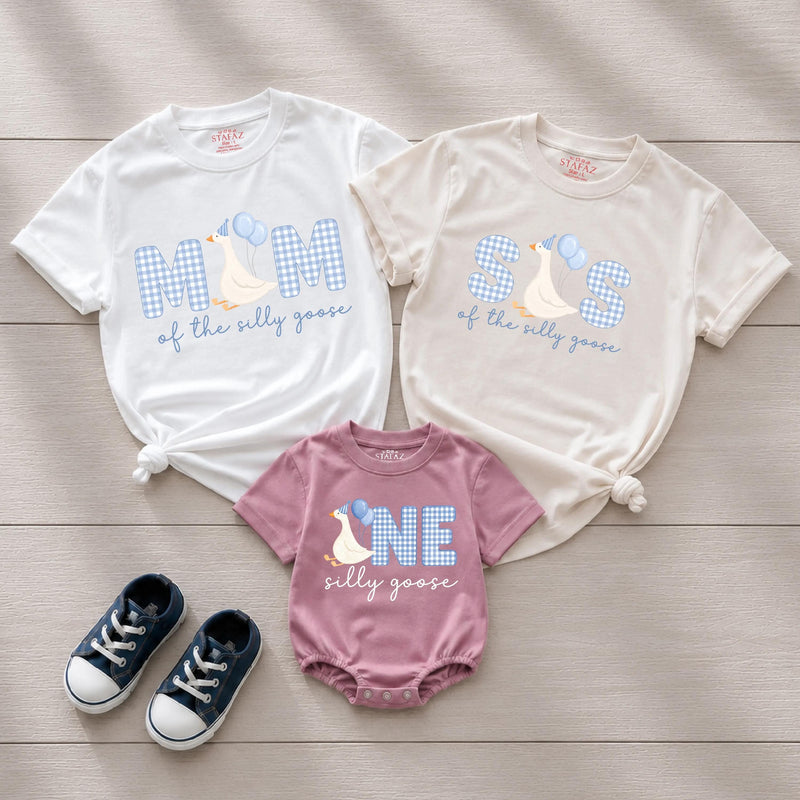 Custom Silly Goose First Birthday Matching Outfit Set - Baby Romper, Kids' T-Shirt, Mom & Dad Tees - Soft Cotton Family Birthday Clothes