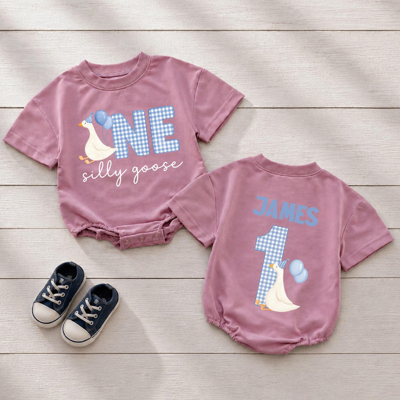 Custom Silly Goose First Birthday Matching Outfit Set - Baby Romper, Kids' T-Shirt, Mom & Dad Tees - Soft Cotton Family Birthday Clothes