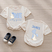 Custom Silly Goose First Birthday Matching Outfit Set - Baby Romper, Kids' T-Shirt, Mom & Dad Tees - Soft Cotton Family Birthday Clothes
