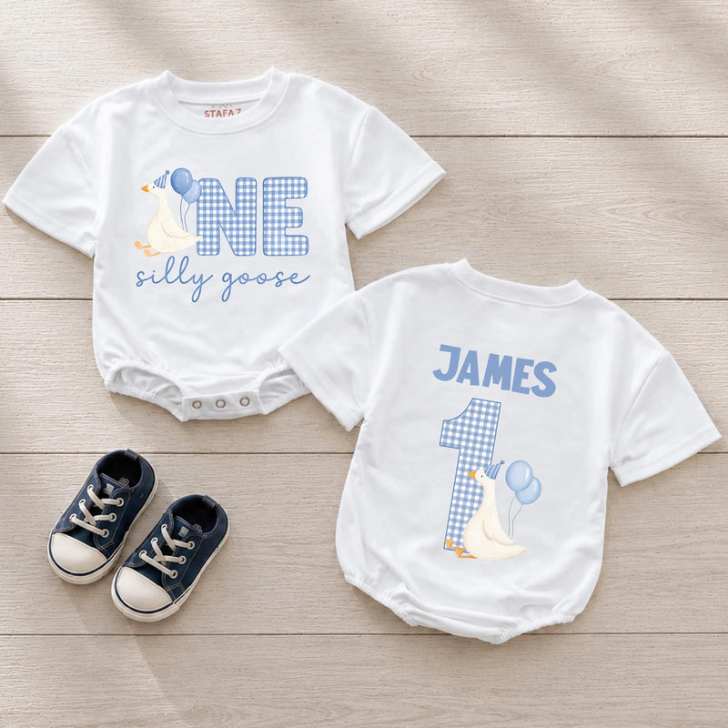 Custom Silly Goose First Birthday Matching Outfit Set - Baby Romper, Kids' T-Shirt, Mom & Dad Tees - Soft Cotton Family Birthday Clothes