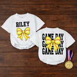 Custom Softball Baby Girl Romper with Name Riley Yellow Bow Newborn Outfit Distressed Game Day Style Birthday Gift Comfortable Cotton