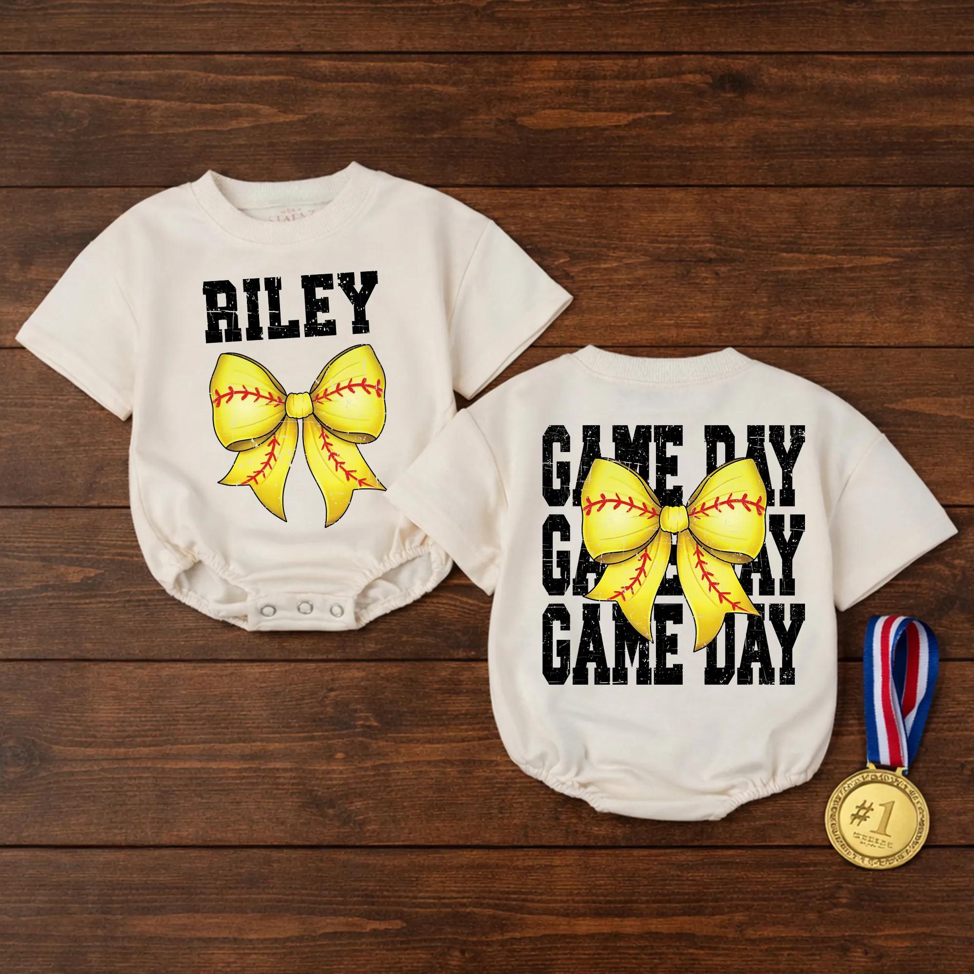 Custom Softball Baby Girl Romper with Name Riley Yellow Bow Newborn Outfit Distressed Game Day Style Birthday Gift Comfortable Cotton