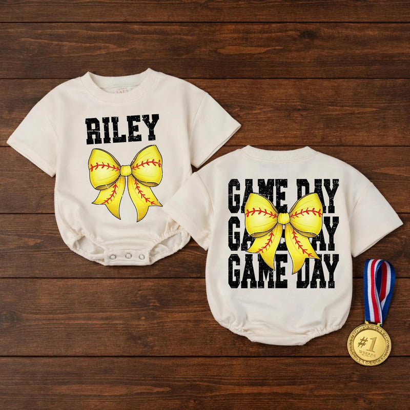 Custom Softball Baby Girl Romper with Name Riley Yellow Bow Newborn Outfit Distressed Game Day Style Birthday Gift Comfortable Cotton