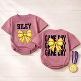 Custom Softball Baby Girl Romper with Name Riley Yellow Bow Newborn Outfit Distressed Game Day Style Birthday Gift Comfortable Cotton