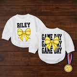 Custom Softball Baby Girl Romper with Name Riley Yellow Bow Newborn Outfit Distressed Game Day Style Birthday Gift Comfortable Cotton