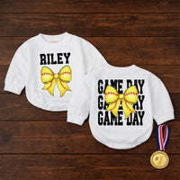 Custom Softball Baby Girl Romper with Name Riley Yellow Bow Newborn Outfit Distressed Game Day Style Birthday Gift Comfortable Cotton