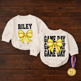 Custom Softball Baby Girl Romper with Name Riley Yellow Bow Newborn Outfit Distressed Game Day Style Birthday Gift Comfortable Cotton