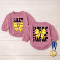 Custom Softball Baby Girl Romper with Name Riley Yellow Bow Newborn Outfit Distressed Game Day Style Birthday Gift Comfortable Cotton